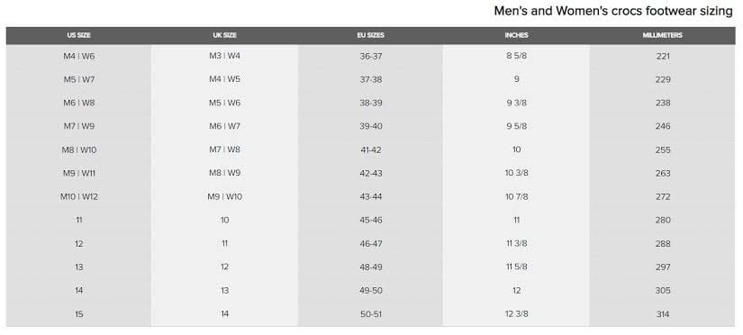 جدول مقاسات كروكس